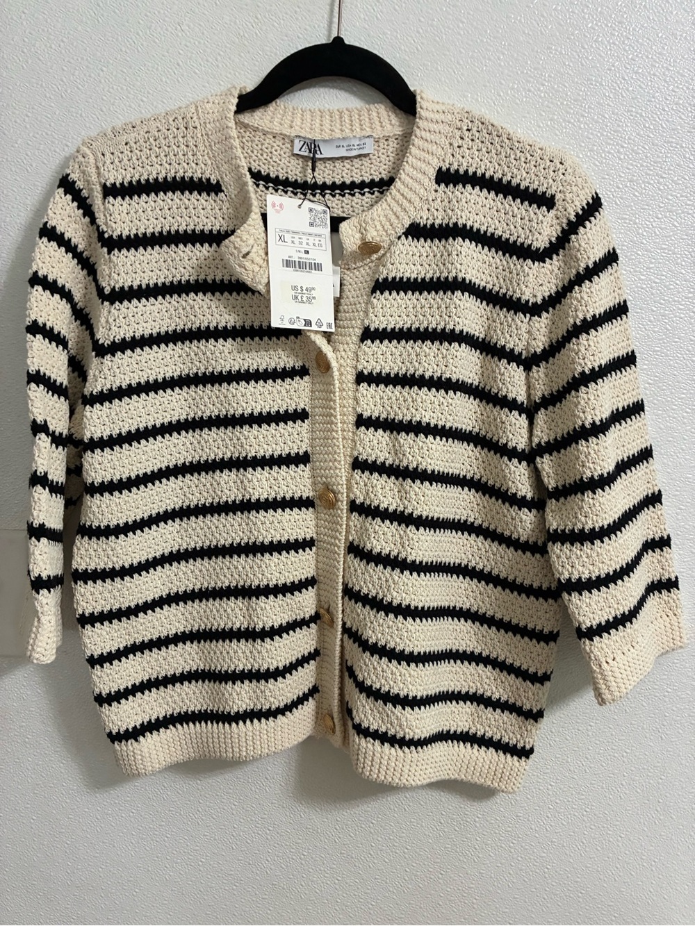 Zara Cream & Black Striped Crochet Cardigan NWT XL